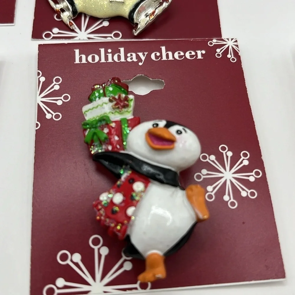 Christmas Brooches 5 and Set  and 1 Set Earrings Snowman Bell Penguin Angel Pins